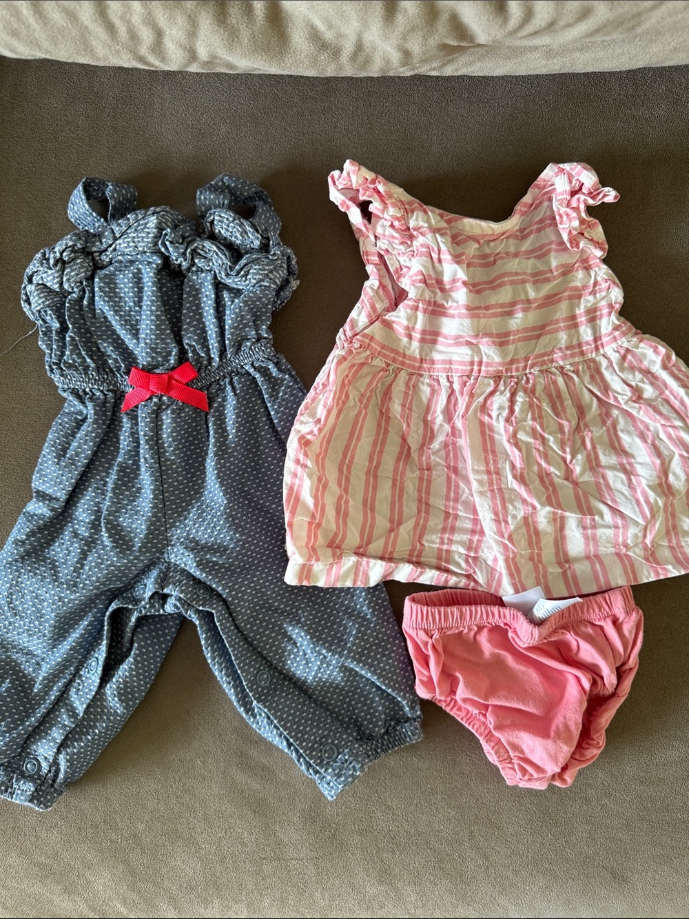 Newborn Pink Striped Girls' Dress with Matching Bloomers and Denim Polka Romper